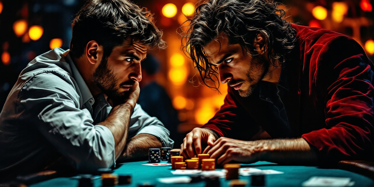 Poker player observing opponent's tells and betting patterns to analyze and measure their strategy.