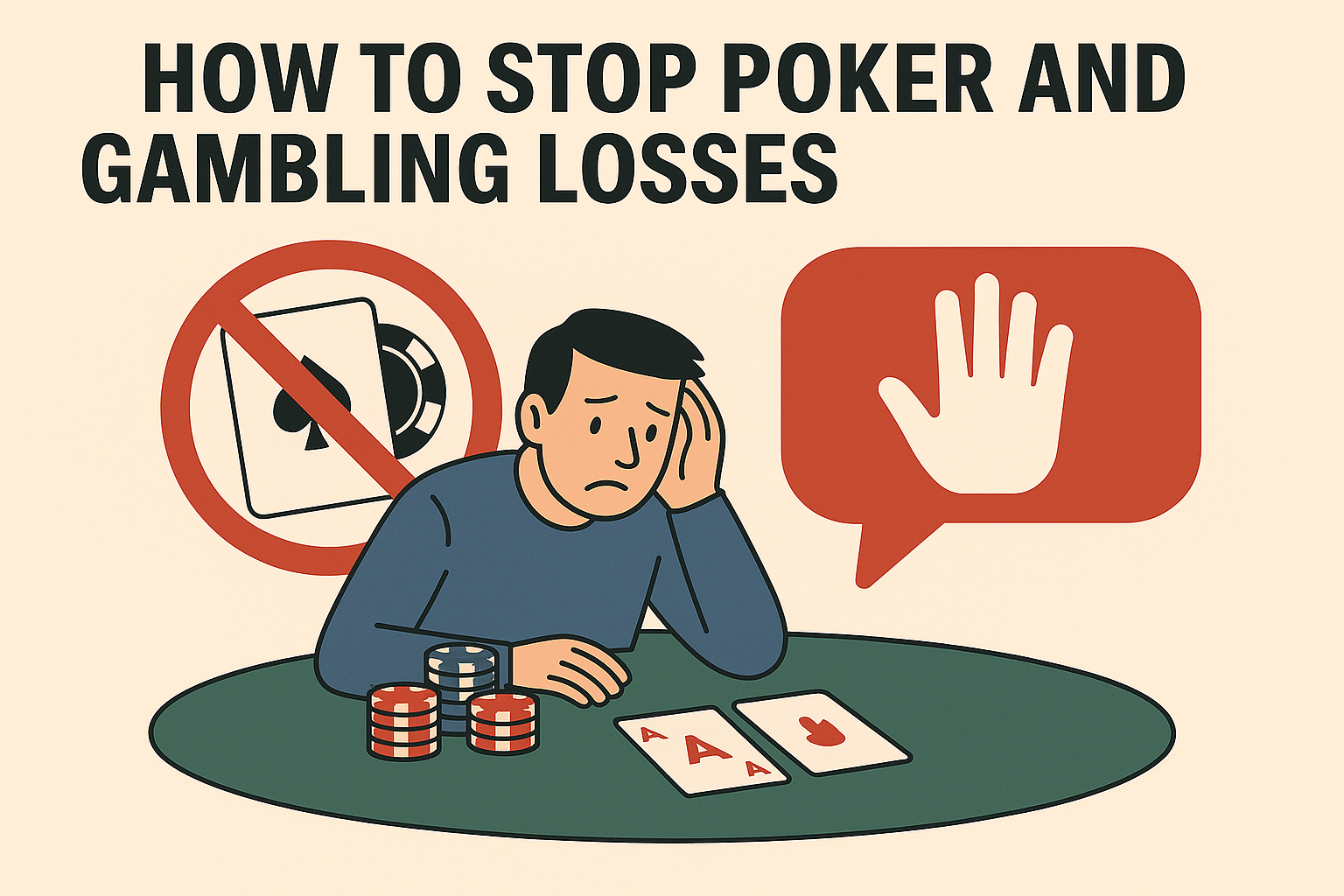 Stop sign over casino chips and a bankroll ledger, symbolizing responsible gambling and stopping poker losses.