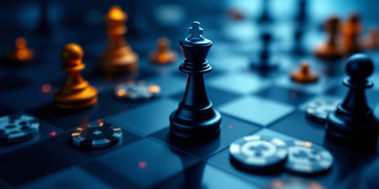 Advanced poker strategy visual with chessboard and poker pieces representing intellectual game concepts.