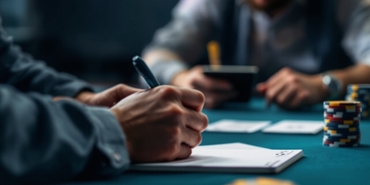 Poker player taking notes on opponents during a game to improve strategy and decision-making.