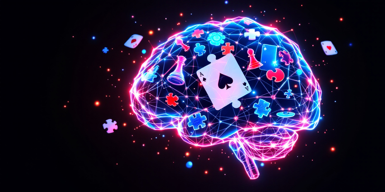 Stylized brain with game icons like poker, chess, and puzzles, promoting mental fitness through online games.