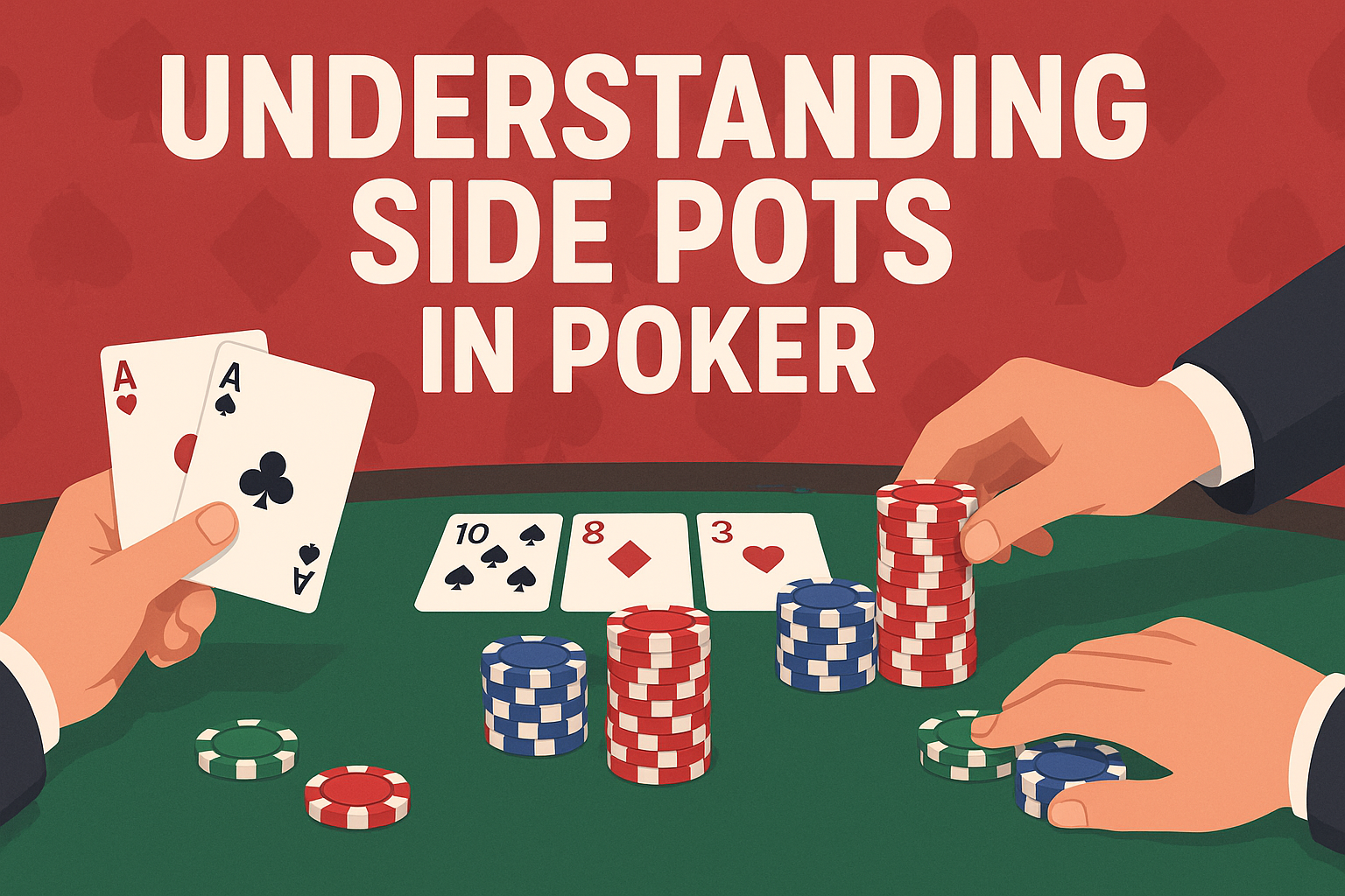 Poker table with main pot and side pots clearly illustrated, explaining how side pots are divided.